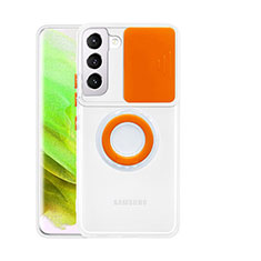 Silikon Hülle Handyhülle Ultradünn Schutzhülle Flexible Tasche Durchsichtig Transparent mit Fingerring Ständer S01 für Samsung Galaxy S22 5G Orange