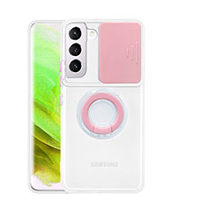 Silikon Hülle Handyhülle Ultradünn Schutzhülle Flexible Tasche Durchsichtig Transparent mit Fingerring Ständer S01 für Samsung Galaxy S22 5G Rosa