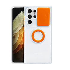 Silikon Hülle Handyhülle Ultradünn Schutzhülle Flexible Tasche Durchsichtig Transparent mit Fingerring Ständer S02 für Samsung Galaxy S21 Ultra 5G Orange