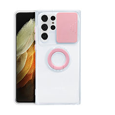 Silikon Hülle Handyhülle Ultradünn Schutzhülle Flexible Tasche Durchsichtig Transparent mit Fingerring Ständer S02 für Samsung Galaxy S21 Ultra 5G Rosa