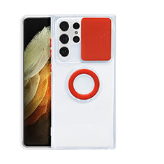 Silikon Hülle Handyhülle Ultradünn Schutzhülle Flexible Tasche Durchsichtig Transparent mit Fingerring Ständer S02 für Samsung Galaxy S21 Ultra 5G Rot