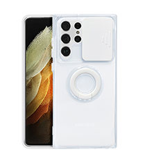 Silikon Hülle Handyhülle Ultradünn Schutzhülle Flexible Tasche Durchsichtig Transparent mit Fingerring Ständer S02 für Samsung Galaxy S21 Ultra 5G Weiß