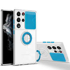 Silikon Hülle Handyhülle Ultradünn Schutzhülle Flexible Tasche Durchsichtig Transparent mit Fingerring Ständer S03 für Samsung Galaxy S21 Ultra 5G Blau