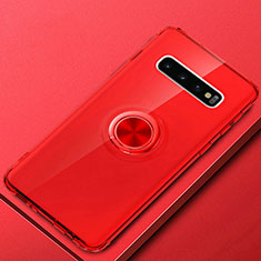 Silikon Hülle Handyhülle Ultradünn Schutzhülle Flexible Tasche Durchsichtig Transparent mit Magnetisch Fingerring Ständer C03 für Samsung Galaxy S10 Plus Rot