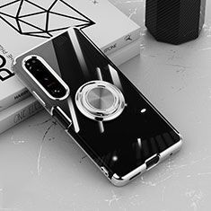 Silikon Hülle Handyhülle Ultradünn Schutzhülle Flexible Tasche Durchsichtig Transparent mit Magnetisch Fingerring Ständer für Sony Xperia 10 V Silber