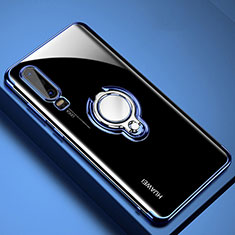 Silikon Hülle Handyhülle Ultradünn Schutzhülle Tasche Durchsichtig Transparent mit Magnetisch Fingerring Ständer C01 für Huawei P30 Blau