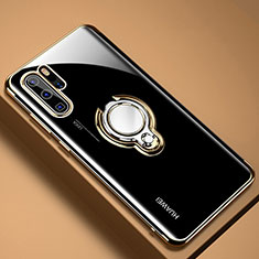 Silikon Hülle Handyhülle Ultradünn Schutzhülle Tasche Durchsichtig Transparent mit Magnetisch Fingerring Ständer C01 für Huawei P30 Pro Gold