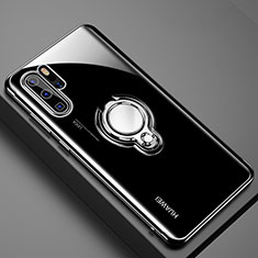 Silikon Hülle Handyhülle Ultradünn Schutzhülle Tasche Durchsichtig Transparent mit Magnetisch Fingerring Ständer C01 für Huawei P30 Pro Schwarz