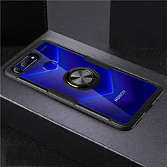 Silikon Hülle Handyhülle Ultradünn Schutzhülle Tasche Durchsichtig Transparent mit Magnetisch Fingerring Ständer C02 für Huawei Honor V20 Schwarz