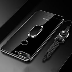 Silikon Hülle Handyhülle Ultradünn Schutzhülle Tasche Durchsichtig Transparent mit Magnetisch Fingerring Ständer S01 für Huawei Honor 7A Schwarz