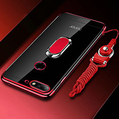 Silikon Hülle Handyhülle Ultradünn Schutzhülle Tasche Durchsichtig Transparent mit Magnetisch Fingerring Ständer S01 für Huawei Y6 Prime (2018) Rot