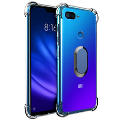 Silikon Hülle Handyhülle Ultradünn Schutzhülle Tasche Durchsichtig Transparent mit Magnetisch Fingerring Ständer S01 für Xiaomi Mi 8 Lite Blau