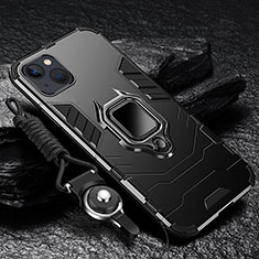 Silikon Hülle Handyhülle und Kunststoff Schutzhülle Hartschalen Tasche mit Magnetisch Fingerring Ständer für Apple iPhone 14 Schwarz