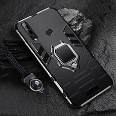 Silikon Hülle Handyhülle und Kunststoff Schutzhülle Hartschalen Tasche mit Magnetisch Fingerring Ständer für Huawei Enjoy 10 Plus Schwarz