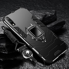 Silikon Hülle Handyhülle und Kunststoff Schutzhülle Hartschalen Tasche mit Magnetisch Fingerring Ständer für Huawei Enjoy 10 Schwarz