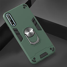 Silikon Hülle Handyhülle und Kunststoff Schutzhülle Hartschalen Tasche mit Magnetisch Fingerring Ständer für Huawei Enjoy 10S Grün