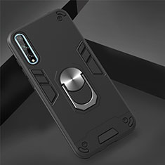 Silikon Hülle Handyhülle und Kunststoff Schutzhülle Hartschalen Tasche mit Magnetisch Fingerring Ständer für Huawei Enjoy 10S Schwarz