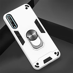 Silikon Hülle Handyhülle und Kunststoff Schutzhülle Hartschalen Tasche mit Magnetisch Fingerring Ständer für Huawei Enjoy 10S Weiß
