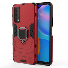 Silikon Hülle Handyhülle und Kunststoff Schutzhülle Hartschalen Tasche mit Magnetisch Fingerring Ständer für Huawei P Smart (2021) Rot