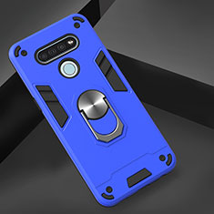 Silikon Hülle Handyhülle und Kunststoff Schutzhülle Hartschalen Tasche mit Magnetisch Fingerring Ständer für LG K51 Blau