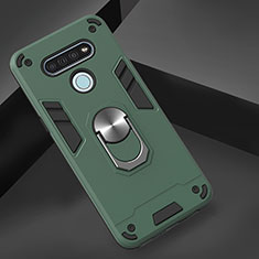 Silikon Hülle Handyhülle und Kunststoff Schutzhülle Hartschalen Tasche mit Magnetisch Fingerring Ständer für LG K51 Nachtgrün