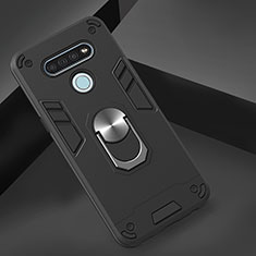 Silikon Hülle Handyhülle und Kunststoff Schutzhülle Hartschalen Tasche mit Magnetisch Fingerring Ständer für LG K51 Schwarz