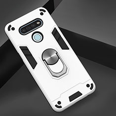 Silikon Hülle Handyhülle und Kunststoff Schutzhülle Hartschalen Tasche mit Magnetisch Fingerring Ständer für LG K51 Weiß