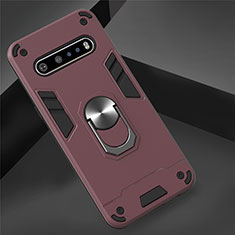 Silikon Hülle Handyhülle und Kunststoff Schutzhülle Hartschalen Tasche mit Magnetisch Fingerring Ständer für LG V60 ThinQ 5G Fuchsie