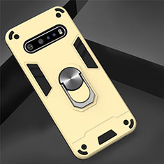 Silikon Hülle Handyhülle und Kunststoff Schutzhülle Hartschalen Tasche mit Magnetisch Fingerring Ständer für LG V60 ThinQ 5G Gold