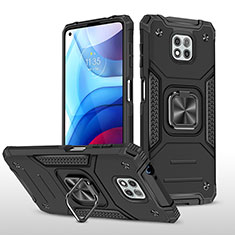 Silikon Hülle Handyhülle und Kunststoff Schutzhülle Hartschalen Tasche mit Magnetisch Fingerring Ständer für Motorola Moto G Power (2021) Schwarz