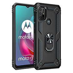 Silikon Hülle Handyhülle und Kunststoff Schutzhülle Hartschalen Tasche mit Magnetisch Fingerring Ständer für Motorola Moto G10 Power Schwarz