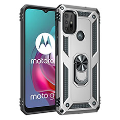 Silikon Hülle Handyhülle und Kunststoff Schutzhülle Hartschalen Tasche mit Magnetisch Fingerring Ständer für Motorola Moto G10 Power Silber