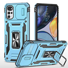Silikon Hülle Handyhülle und Kunststoff Schutzhülle Hartschalen Tasche mit Magnetisch Fingerring Ständer für Motorola Moto G22 Hellblau