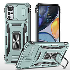 Silikon Hülle Handyhülle und Kunststoff Schutzhülle Hartschalen Tasche mit Magnetisch Fingerring Ständer für Motorola Moto G22 Minzgrün