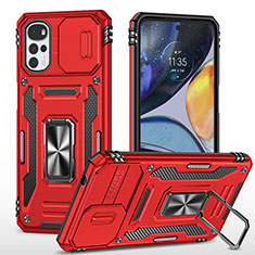 Silikon Hülle Handyhülle und Kunststoff Schutzhülle Hartschalen Tasche mit Magnetisch Fingerring Ständer für Motorola Moto G22 Rot