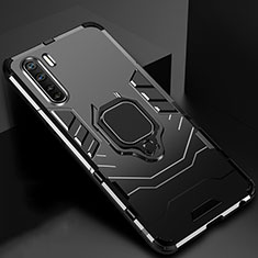 Silikon Hülle Handyhülle und Kunststoff Schutzhülle Hartschalen Tasche mit Magnetisch Fingerring Ständer für Oppo A91 Schwarz
