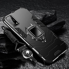 Silikon Hülle Handyhülle und Kunststoff Schutzhülle Hartschalen Tasche mit Magnetisch Fingerring Ständer für Oppo K7x 5G Schwarz