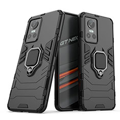 Silikon Hülle Handyhülle und Kunststoff Schutzhülle Hartschalen Tasche mit Magnetisch Fingerring Ständer für Realme GT Neo3 5G Schwarz