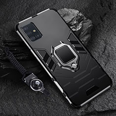 Silikon Hülle Handyhülle und Kunststoff Schutzhülle Hartschalen Tasche mit Magnetisch Fingerring Ständer für Samsung Galaxy A71 4G A715 Schwarz