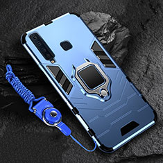 Silikon Hülle Handyhülle und Kunststoff Schutzhülle Hartschalen Tasche mit Magnetisch Fingerring Ständer für Samsung Galaxy A9 (2018) A920 Blau