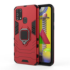 Silikon Hülle Handyhülle und Kunststoff Schutzhülle Hartschalen Tasche mit Magnetisch Fingerring Ständer für Samsung Galaxy M21s Rot