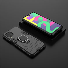 Silikon Hülle Handyhülle und Kunststoff Schutzhülle Hartschalen Tasche mit Magnetisch Fingerring Ständer für Samsung Galaxy M22 4G Schwarz