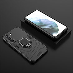 Silikon Hülle Handyhülle und Kunststoff Schutzhülle Hartschalen Tasche mit Magnetisch Fingerring Ständer für Samsung Galaxy S21 FE 5G Schwarz