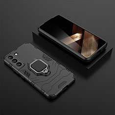 Silikon Hülle Handyhülle und Kunststoff Schutzhülle Hartschalen Tasche mit Magnetisch Fingerring Ständer für Samsung Galaxy S24 5G Schwarz