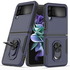 Silikon Hülle Handyhülle und Kunststoff Schutzhülle Hartschalen Tasche mit Magnetisch Fingerring Ständer für Samsung Galaxy Z Flip4 5G Blau