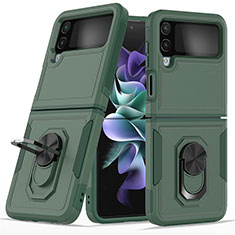 Silikon Hülle Handyhülle und Kunststoff Schutzhülle Hartschalen Tasche mit Magnetisch Fingerring Ständer für Samsung Galaxy Z Flip4 5G Nachtgrün
