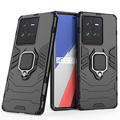 Silikon Hülle Handyhülle und Kunststoff Schutzhülle Hartschalen Tasche mit Magnetisch Fingerring Ständer für Vivo iQOO 10 Pro 5G Schwarz