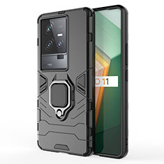 Silikon Hülle Handyhülle und Kunststoff Schutzhülle Hartschalen Tasche mit Magnetisch Fingerring Ständer für Vivo iQOO 11 5G Schwarz