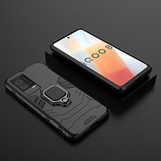 Silikon Hülle Handyhülle und Kunststoff Schutzhülle Hartschalen Tasche mit Magnetisch Fingerring Ständer für Vivo iQOO 8 5G Schwarz