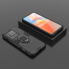 Silikon Hülle Handyhülle und Kunststoff Schutzhülle Hartschalen Tasche mit Magnetisch Fingerring Ständer für Vivo iQOO Neo6 SE 5G Schwarz